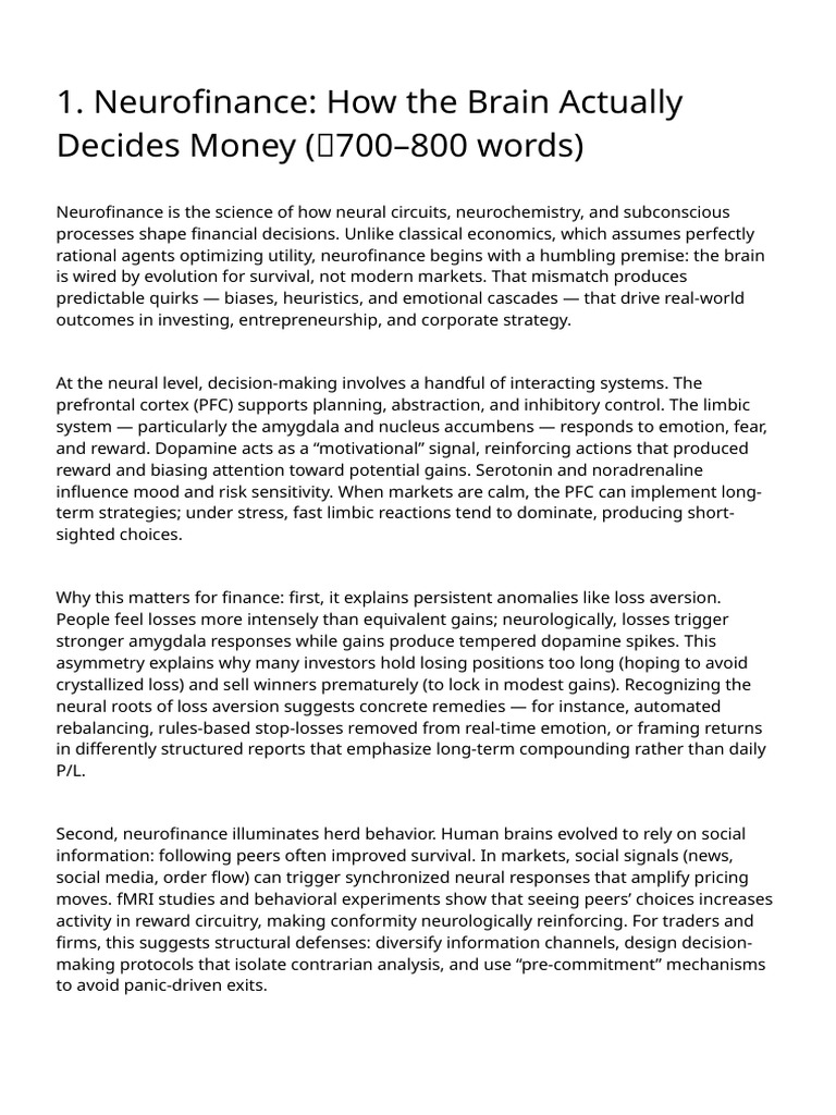Understanding Neurofinance Dynamics | PDF | Reward System | Cognitive ...