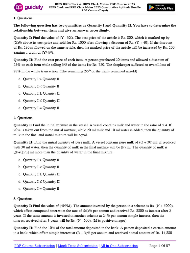 Arithmetic Questions for IBPS Clerk 2025 | PDF | Mathematics
