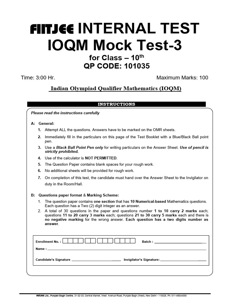 IOQM Mock Test for Class 10 | PDF | Numbers | Area