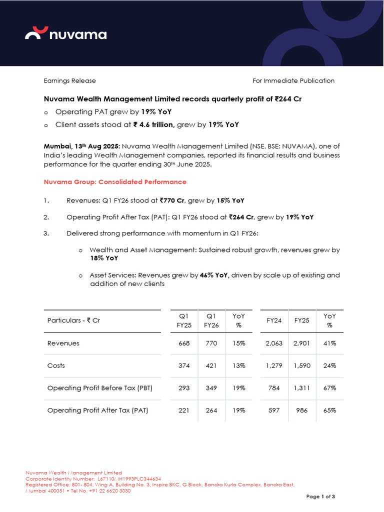Nuvama Q1 FY26 Earnings Release | PDF | Wealth Management | Investing