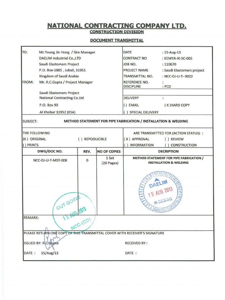Mathod Statment For Pipe Fabrication and Welding | PDF