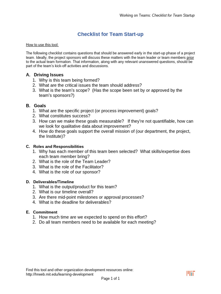 Team Startup Checklist for Success | PDF