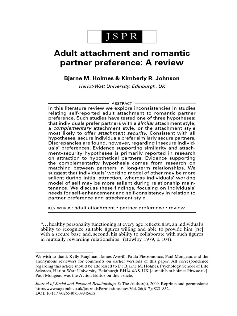 Adult Attachment and Partner Preference Review | PDF
