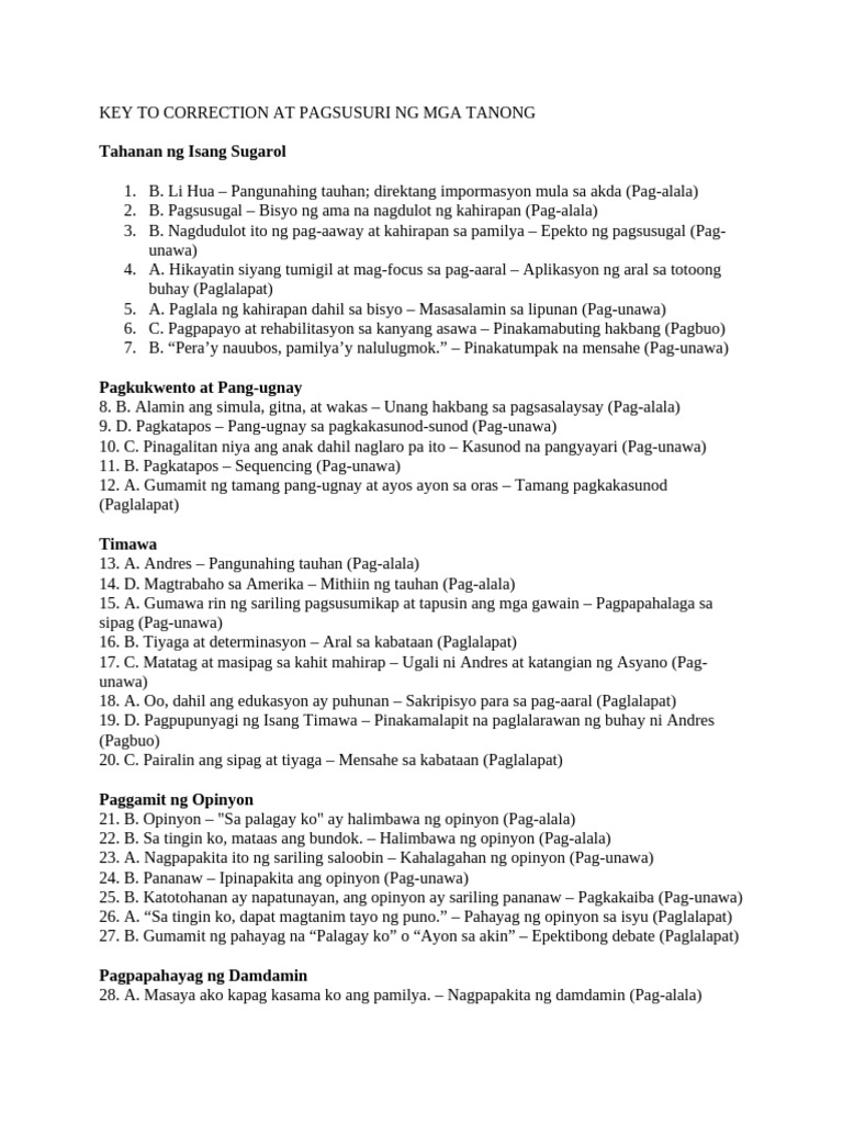 Key To Correction at Pagsusuri NG Mga Tanong | PDF