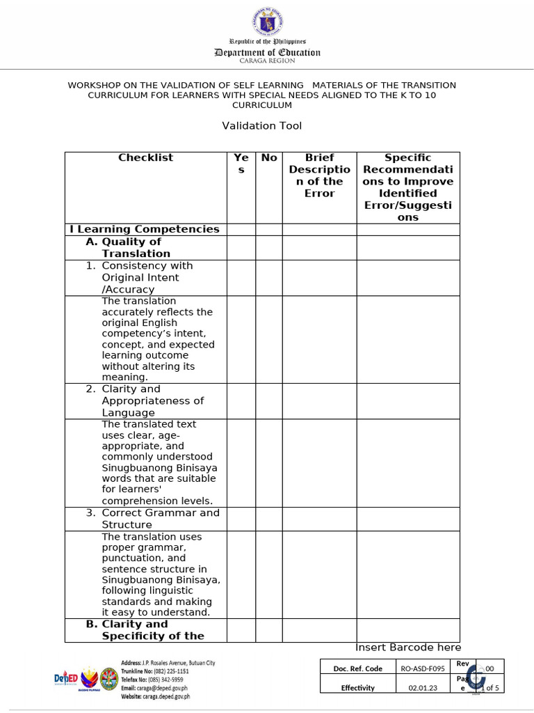 Validation Checklist for Learning Materials | PDF | Learning | Behavior ...