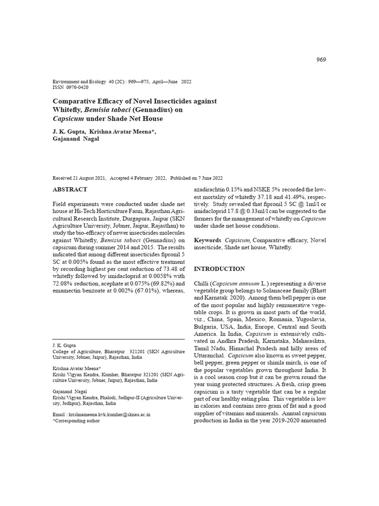 Gupta Et Al 2022 Comparative Efficacy of Novel Insecticides Against ...