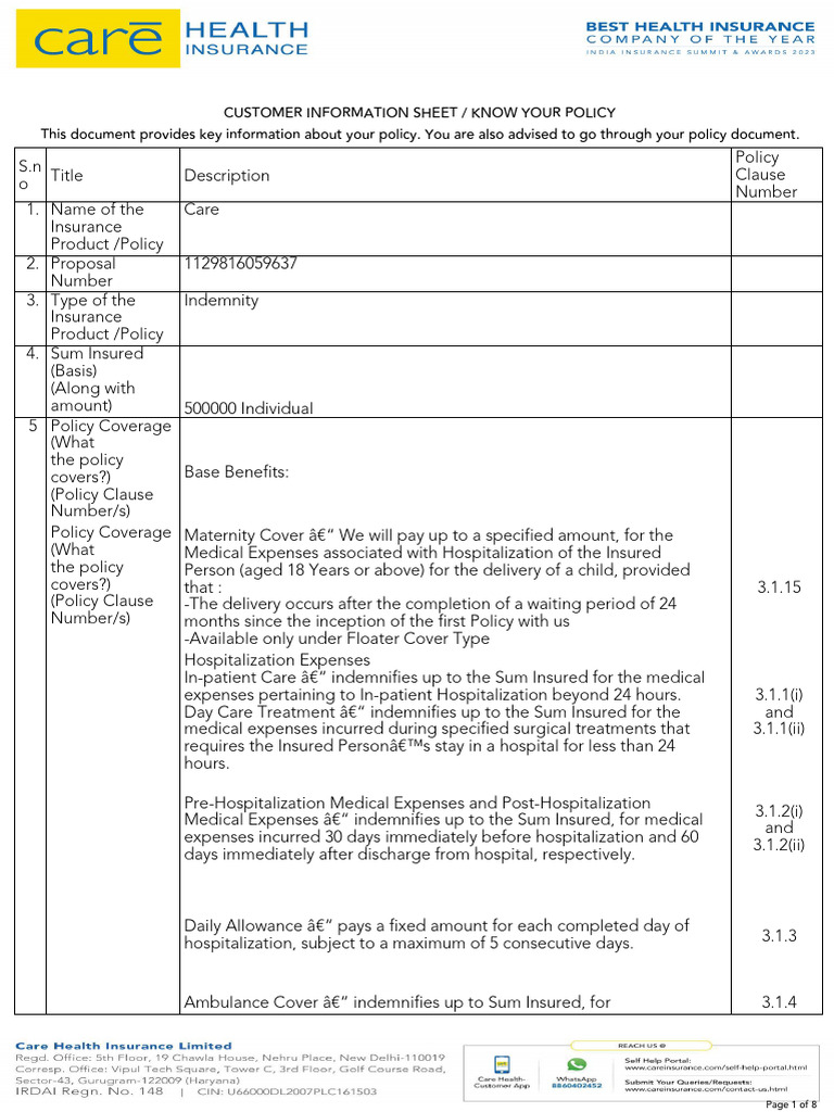 Care Insurance Policy Overview Guide | PDF | Indemnity | Insurance