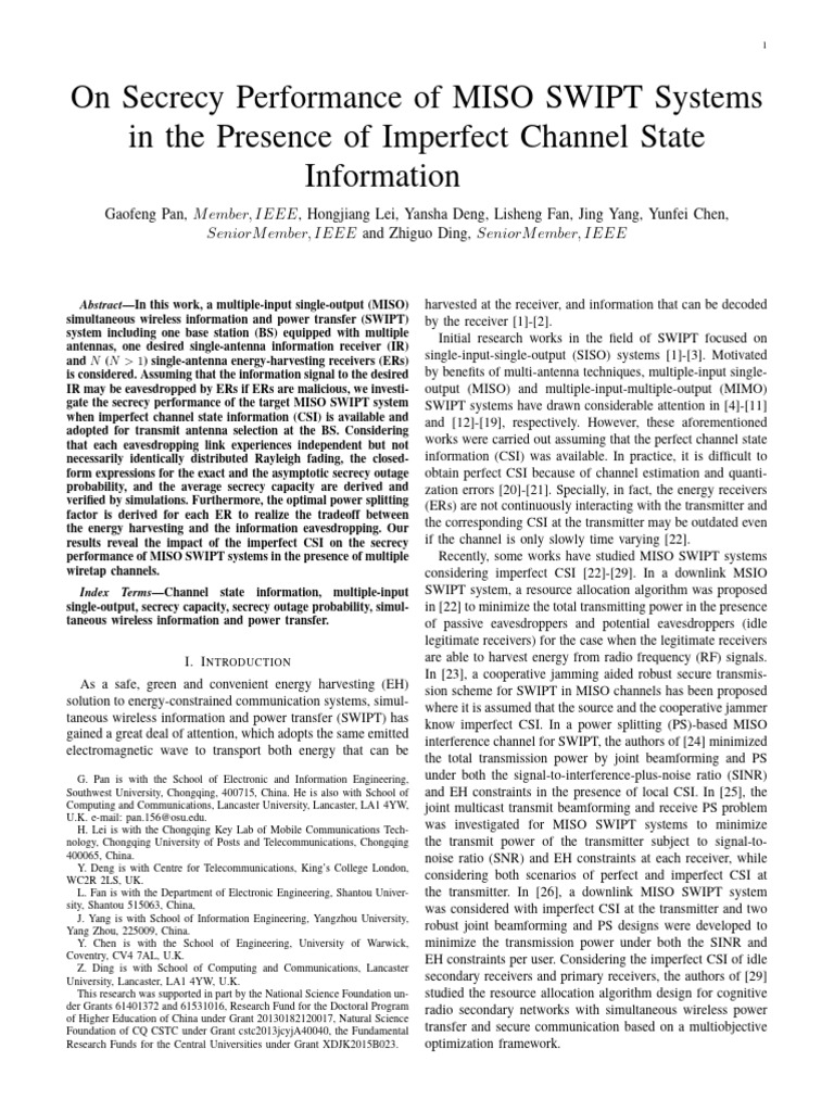 MISO SWIPT Secrecy with Imperfect CSI | PDF | Mimo | Electronics
