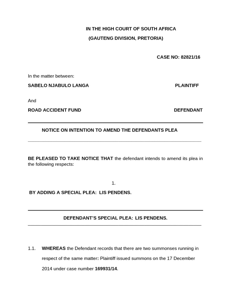 Special Plea of Lis Pendens Notice | PDF | Jargon | Legal Concepts