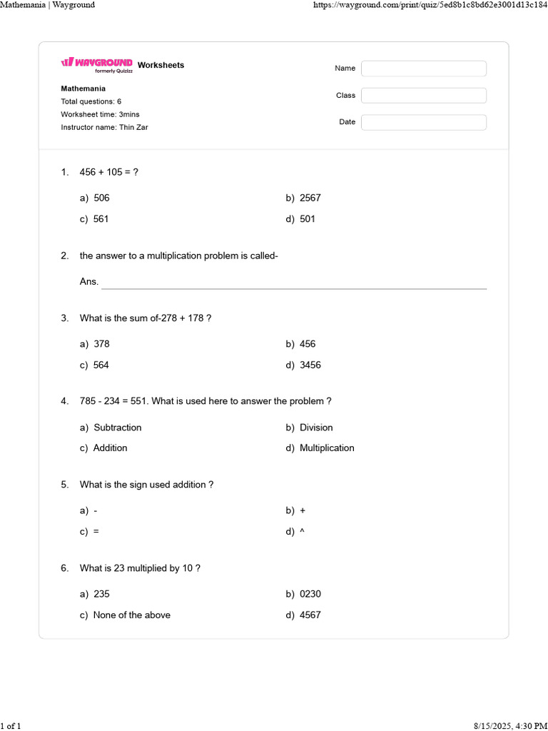 Mathemania Worksheet Questions | PDF