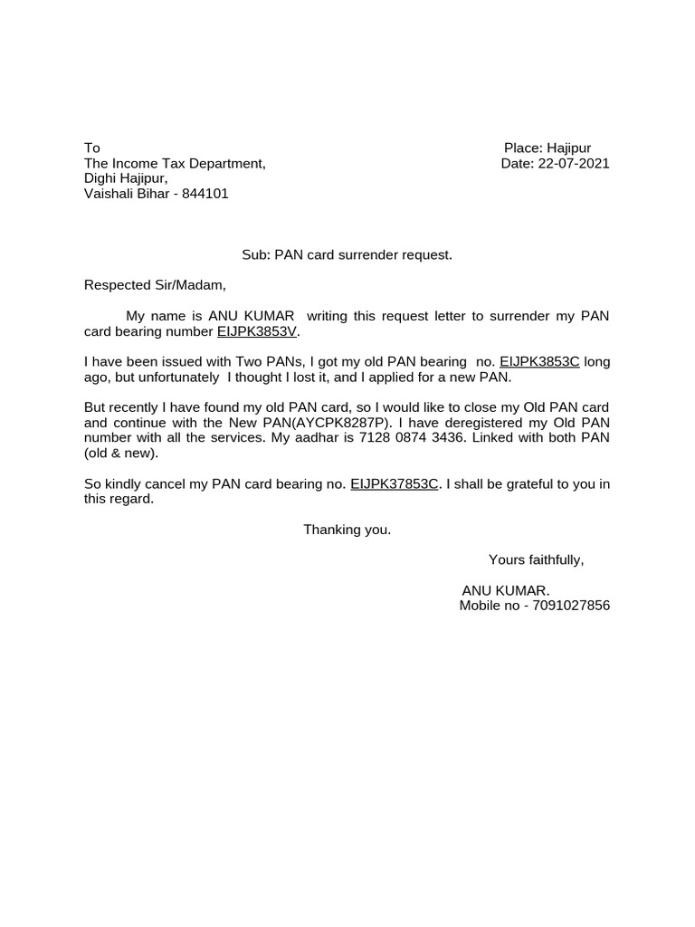 PAN Card Surrender Request Letter | PDF