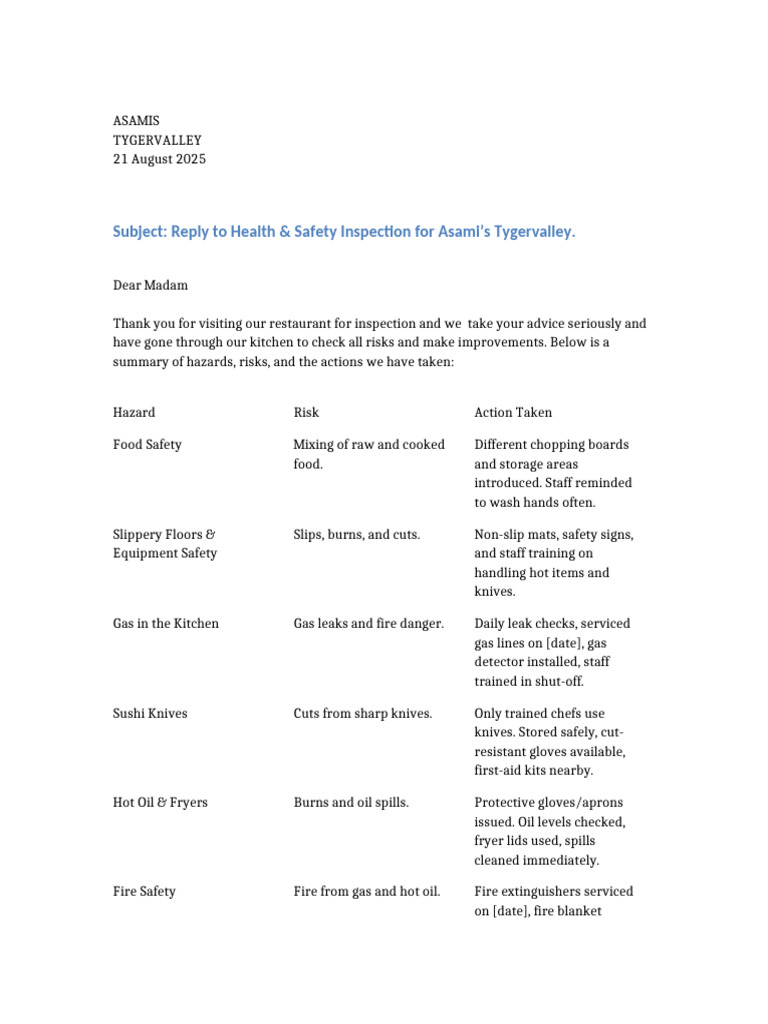 Health and Safety Risk Assessment Reply Table | PDF | Kitchen ...