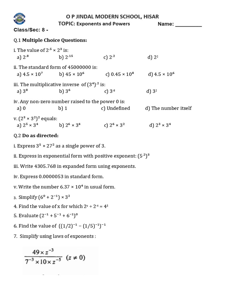 Class 8 Exponents and Powers Quiz | PDF