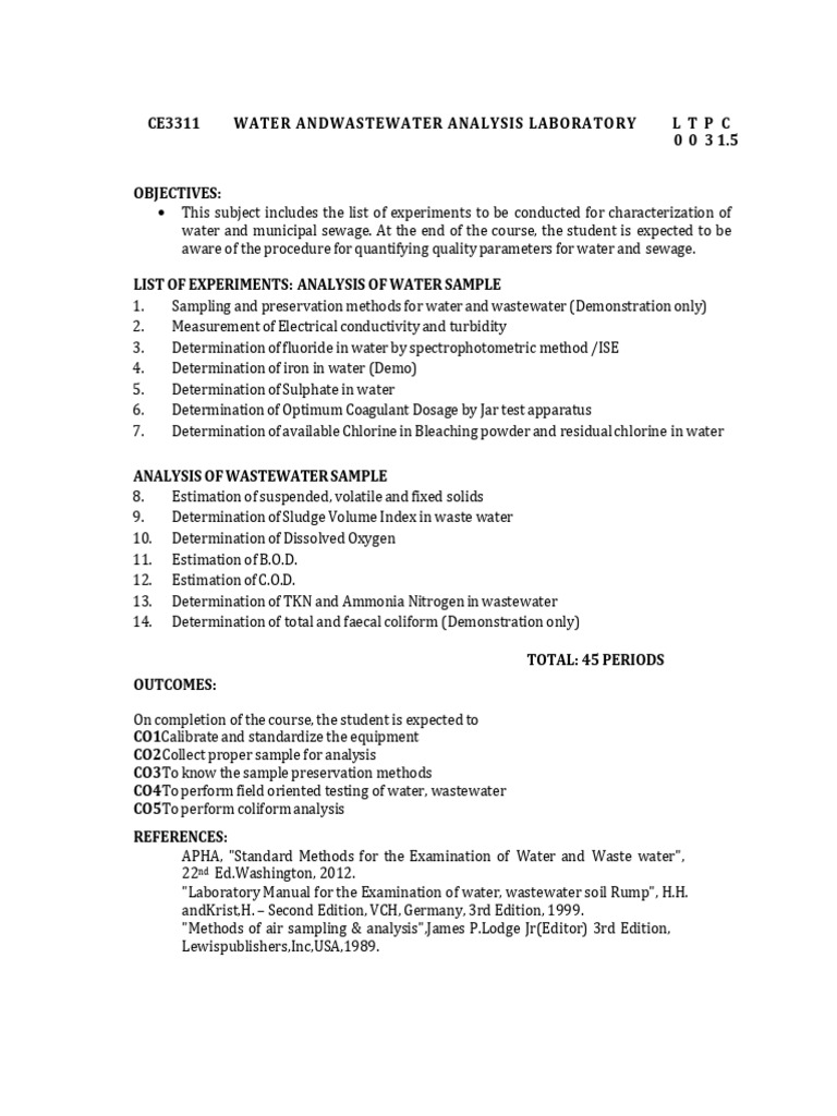 Water and Wastewater Analysis Lab Guide | PDF
