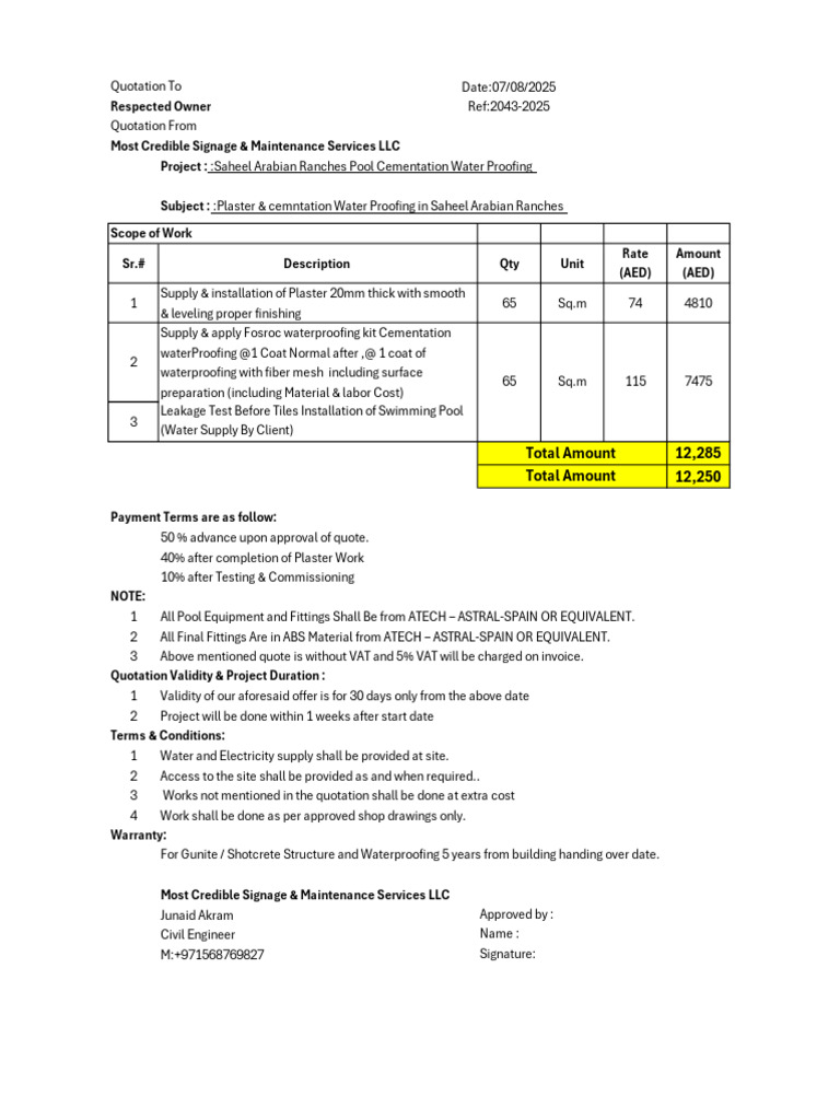 Pool Waterproofing Quotation for Saheel | PDF | Building Engineering ...