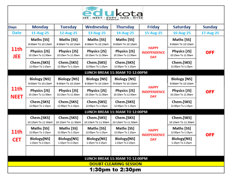 Weekly Class Schedule for 11th Grade | PDF