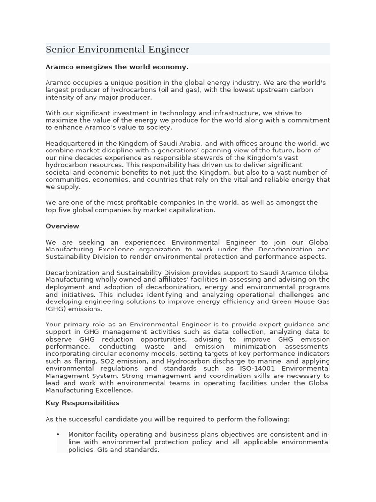 Senior Environmental Engineer Role at Aramco | PDF | Climate Change ...