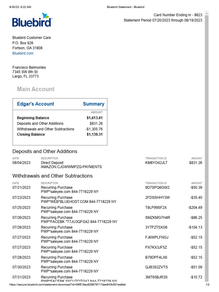 Bluebird Statement - Bluebird July 8823 | PDF | Banking | Financial ...