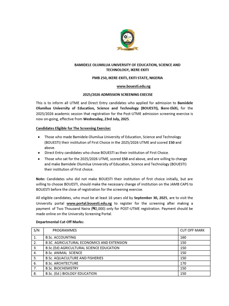 BOUESTI 2025 Admission Guidelines | PDF