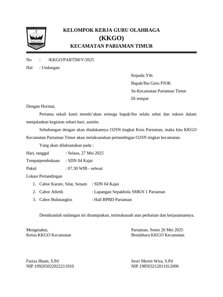Undangan Pertandingan O2SN Pariaman Timur | PDF