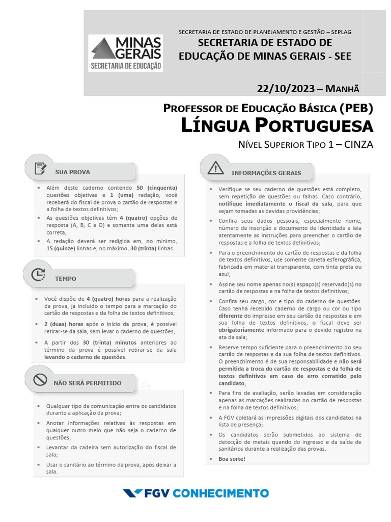Prova de Língua Portuguesa - PEB 2023 | PDF | Pedagogia | Constituição