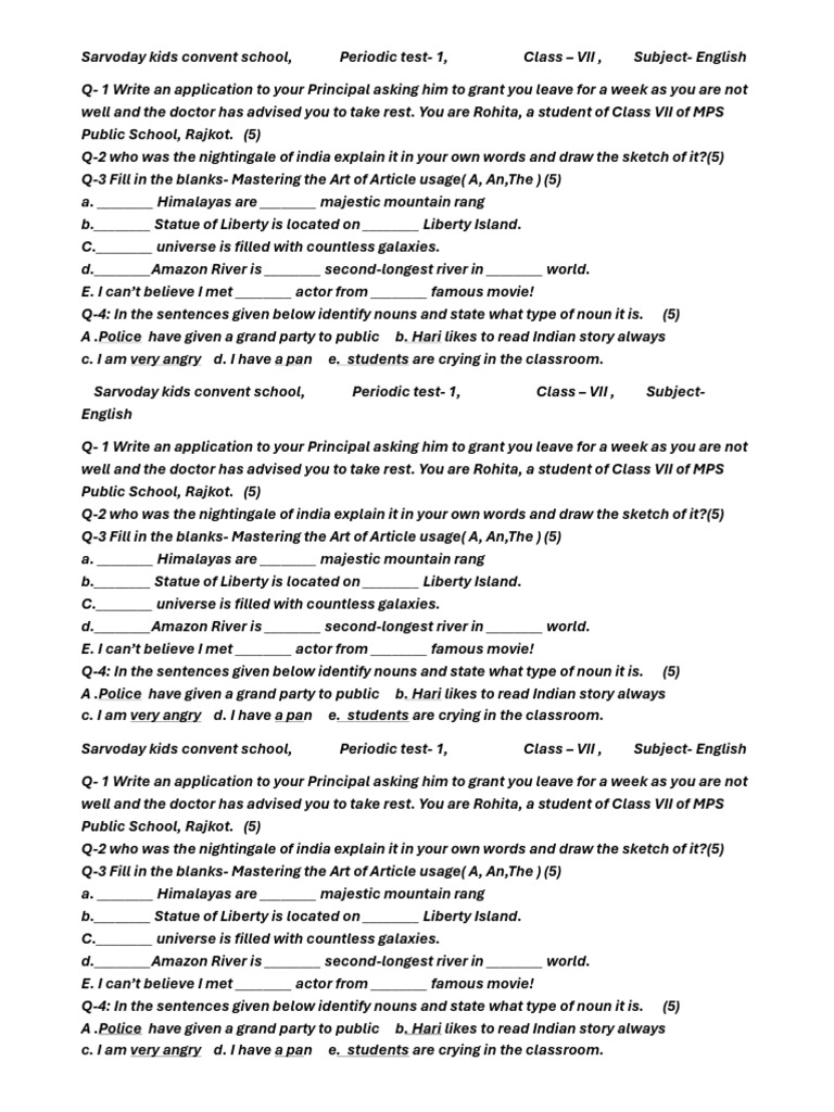 Class VII English Periodic Test Questions | PDF | Language Families ...