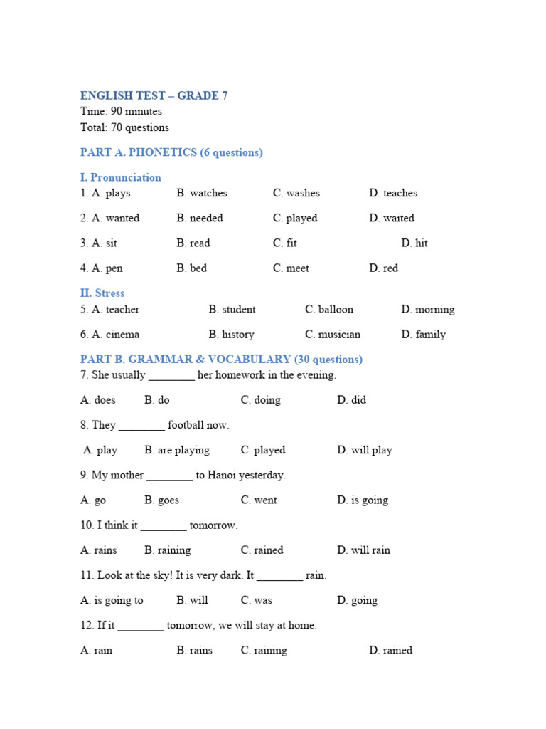 Grade 7 English Test: Phonetics & Grammar | PDF | Linguistics