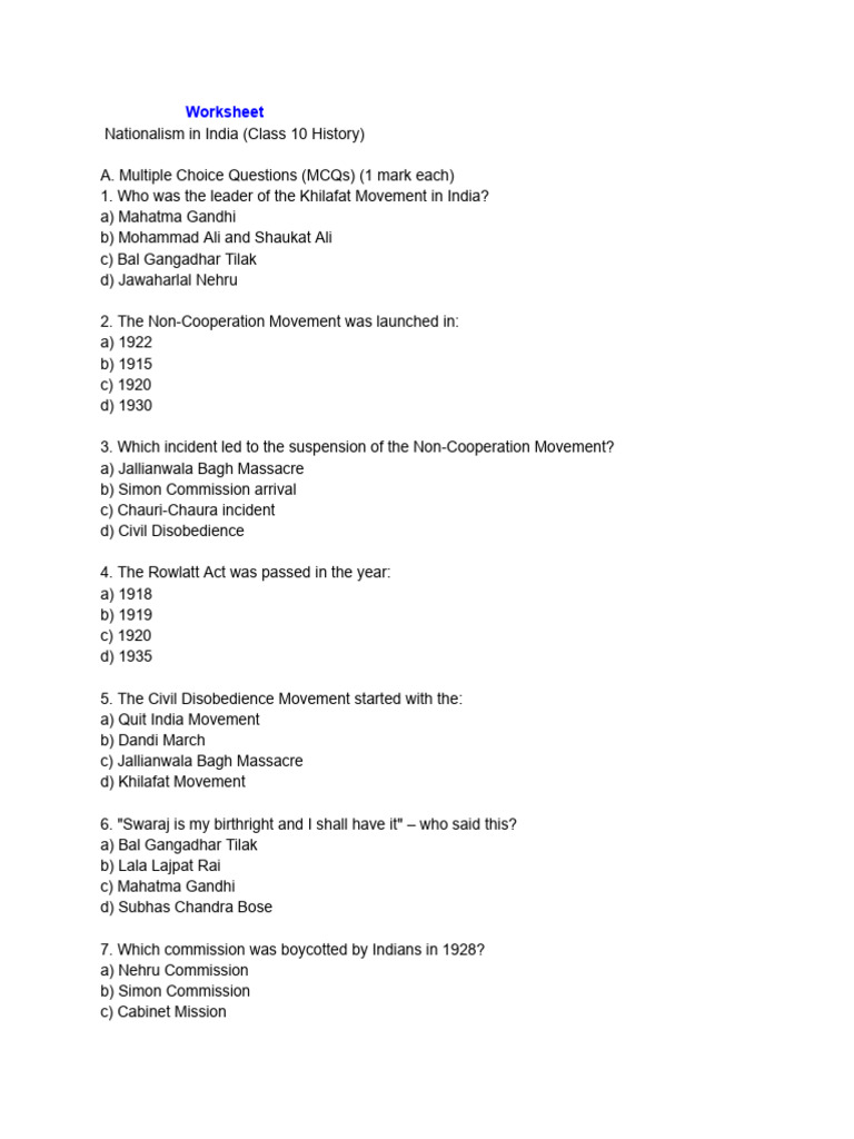 Nationalism in India MCQs and Answers | PDF | Mahatma Gandhi | Independence
