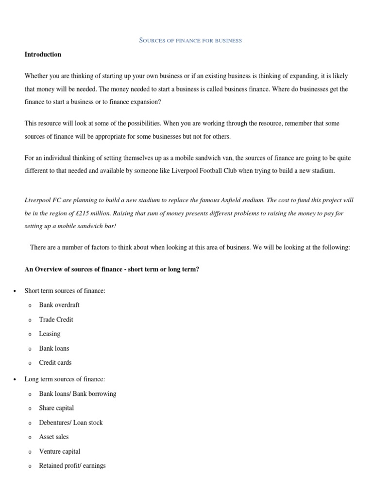 Sources of Finance For Business | PDF | Franchising | Overdraft