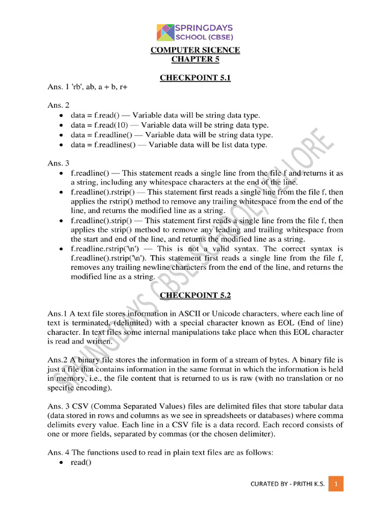 Chapter 5 File Handling Type A, B & C Solutions | PDF