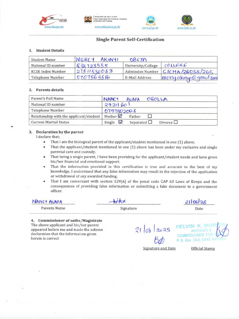 Mercy Mother Self Dec Form | PDF