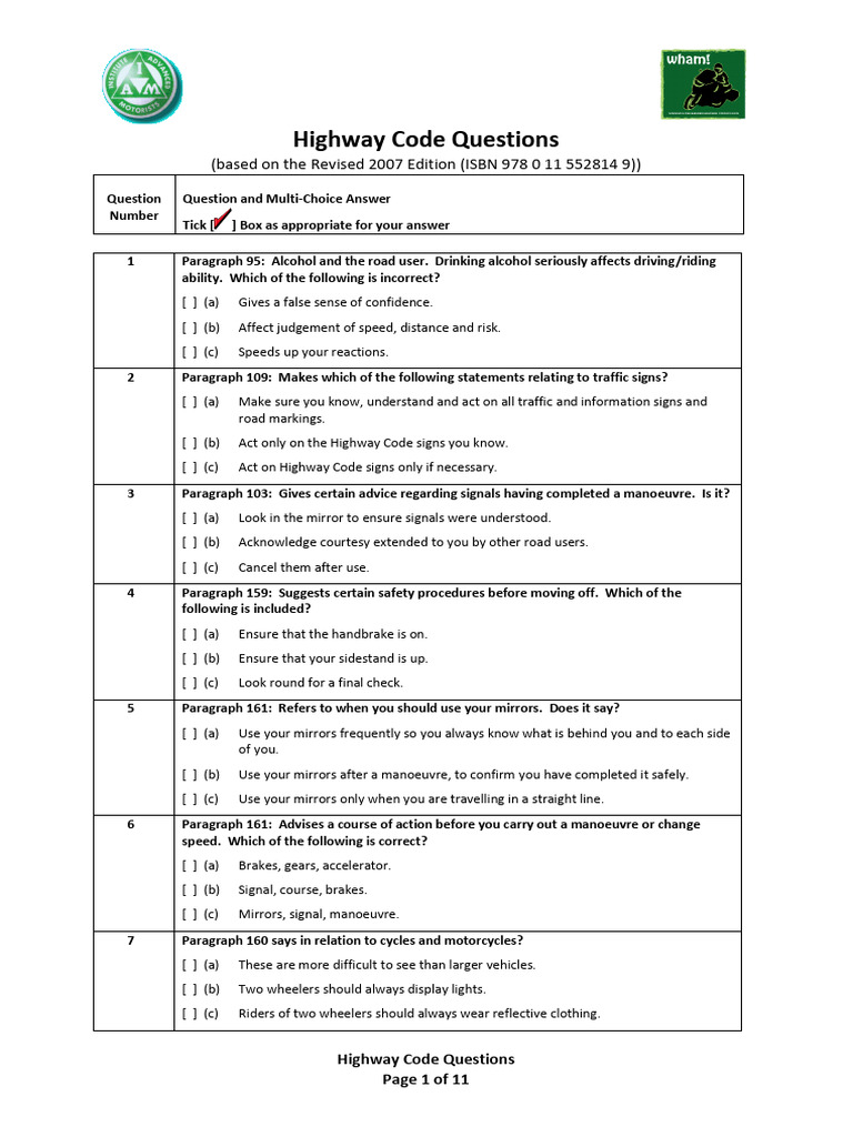 WHAM Highway Code Questions | PDF | Traffic Light | Traffic