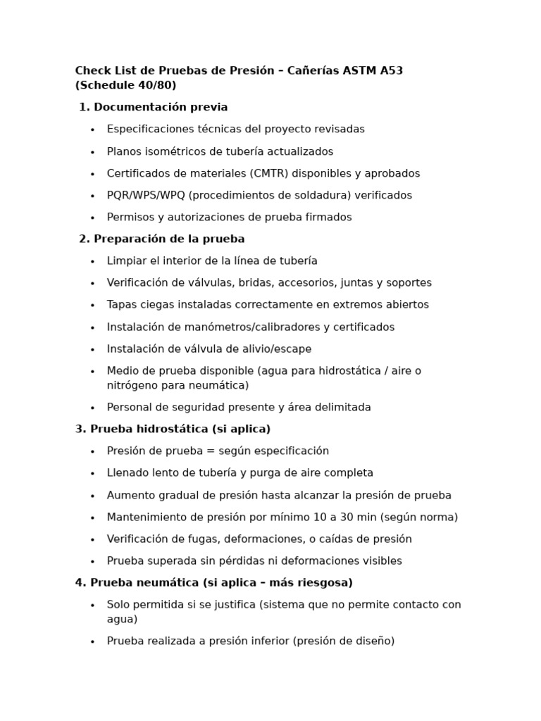 Check List de Pruebas de Presión | PDF