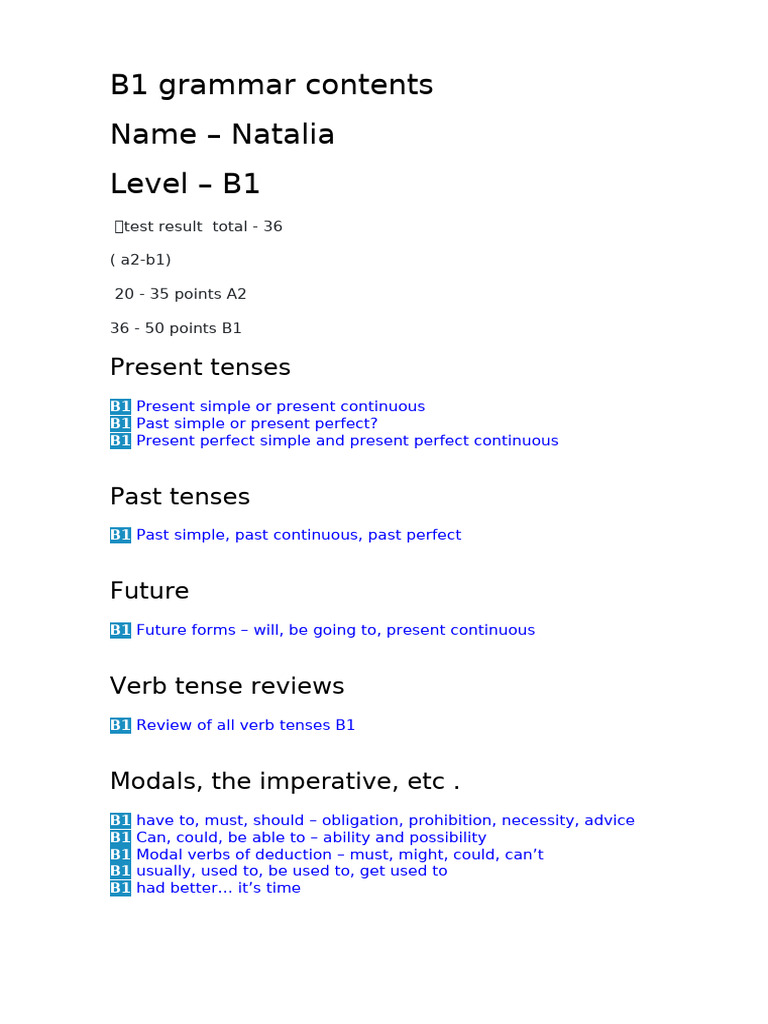 B1 Level Grammar Topics Overview | PDF