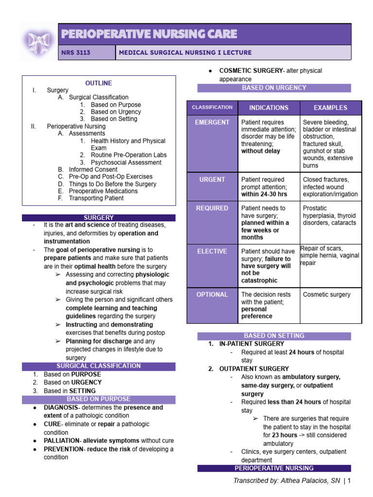 Perioperative Nursing Care Overview | PDF | Surgery | Bleeding