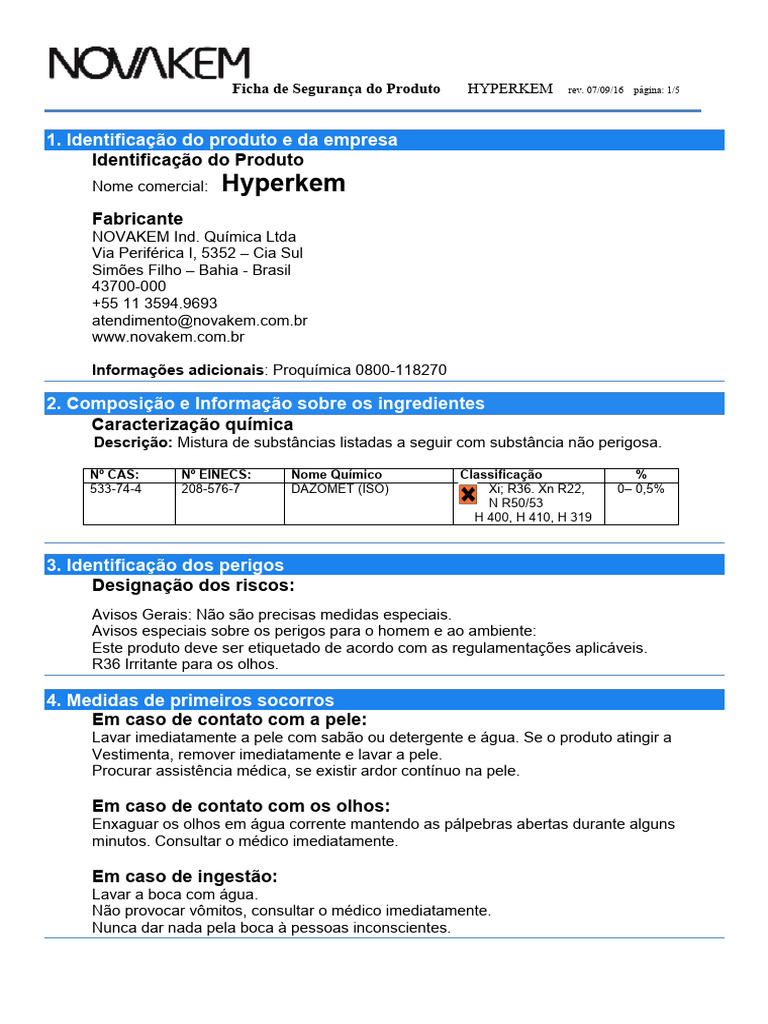 Ficha de Segurança do Hyperkem | PDF | Águas residuais | Desperdício