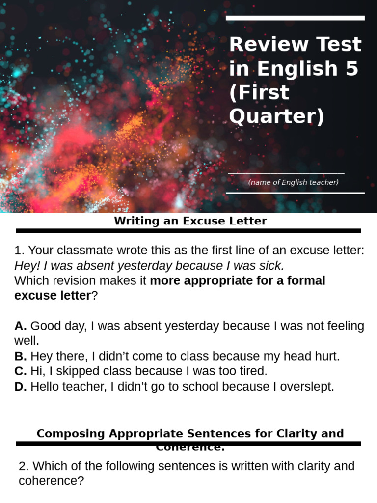 Review Test in English 5 (First Quarter) | PDF | Bees | Nonverbal ...