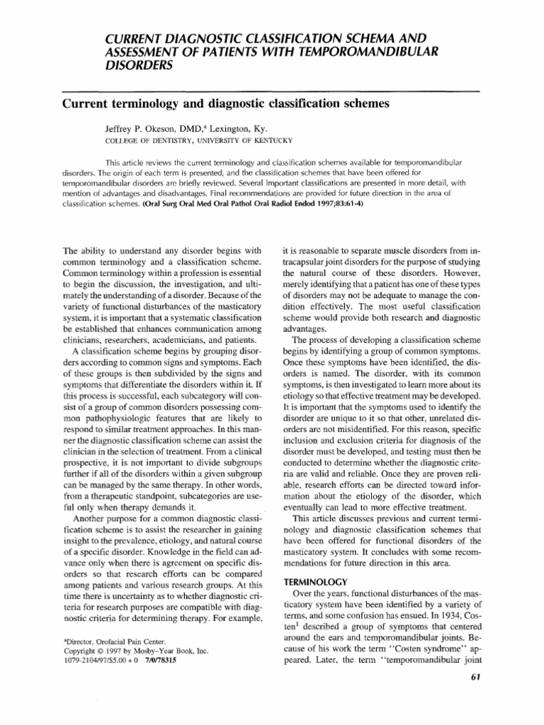 Tempromandibular Disorder Classification | PDF | Medical Diagnosis | Joint