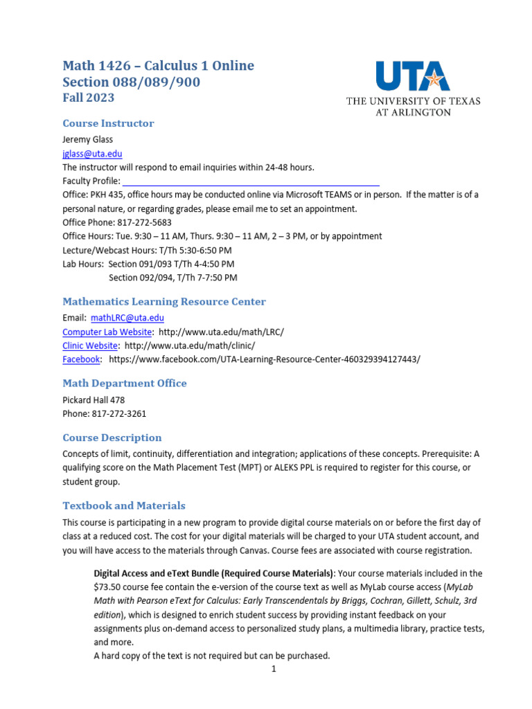 Syllabus+ +MATH+1426+Online+GLASS+With+Updates 2 | PDF | Integral ...
