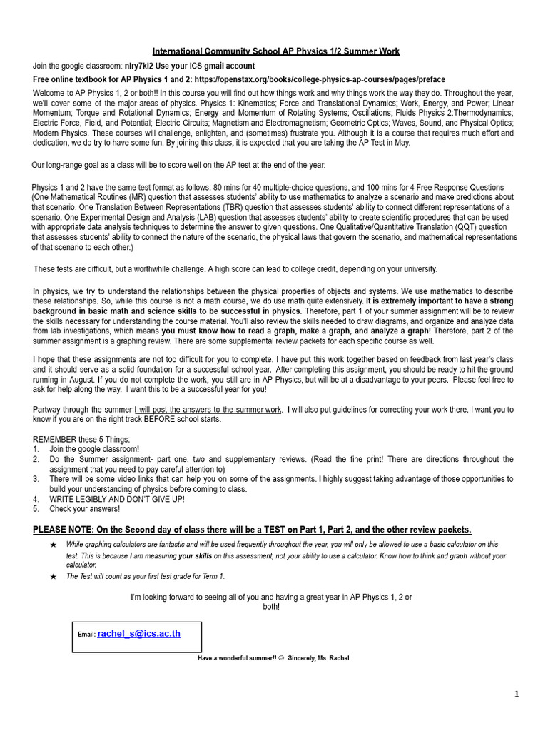 AP Physics 1/2 Summer Assignment Guide | PDF | International System Of ...