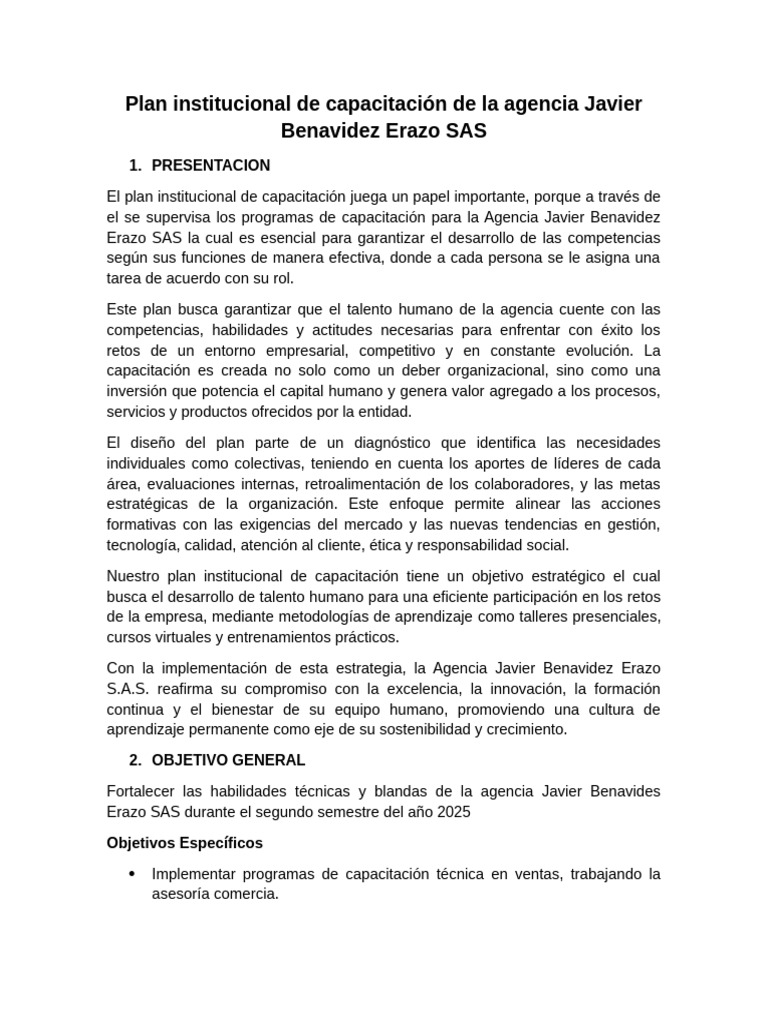 Plan de Capacitación Agencia Javier Benavidez | PDF | Seguridad y salud ...