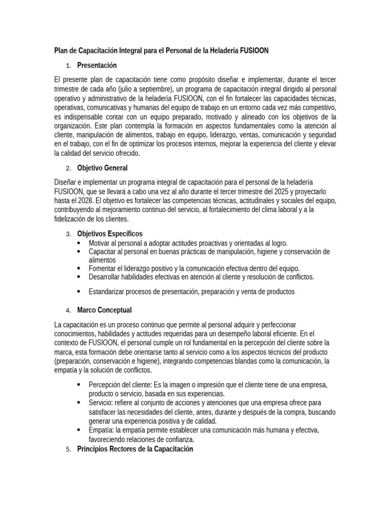 Plan de Capacitación Integral para El Personal de La Heladería FUSIOON ...