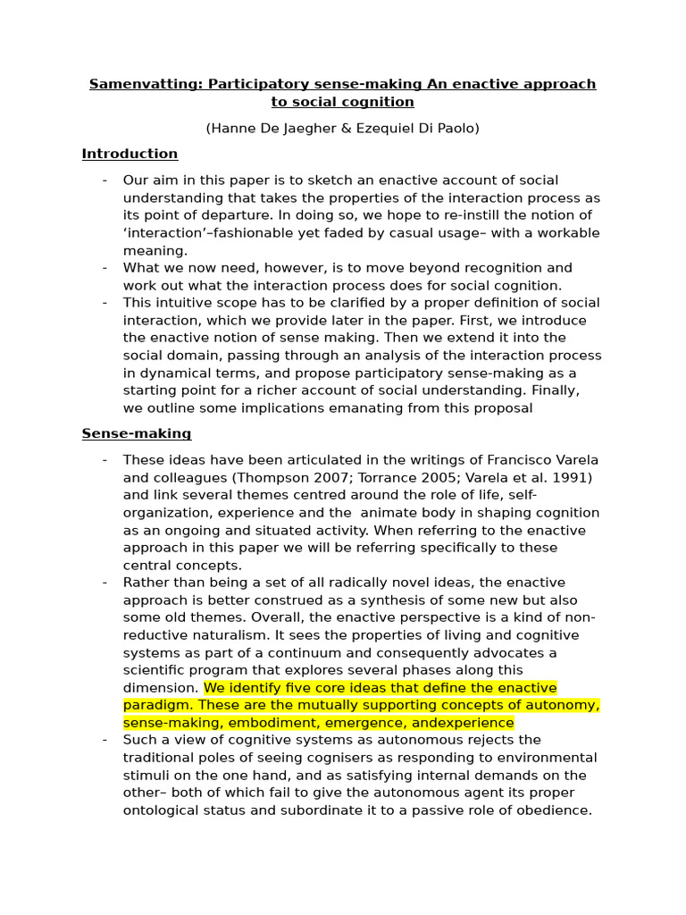 Participatory Sense-Making in Social Cognition | PDF | Autonomy | Concept