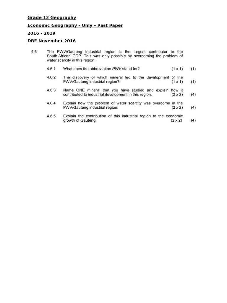 Grade 12 Economic Geography Past Papers | PDF