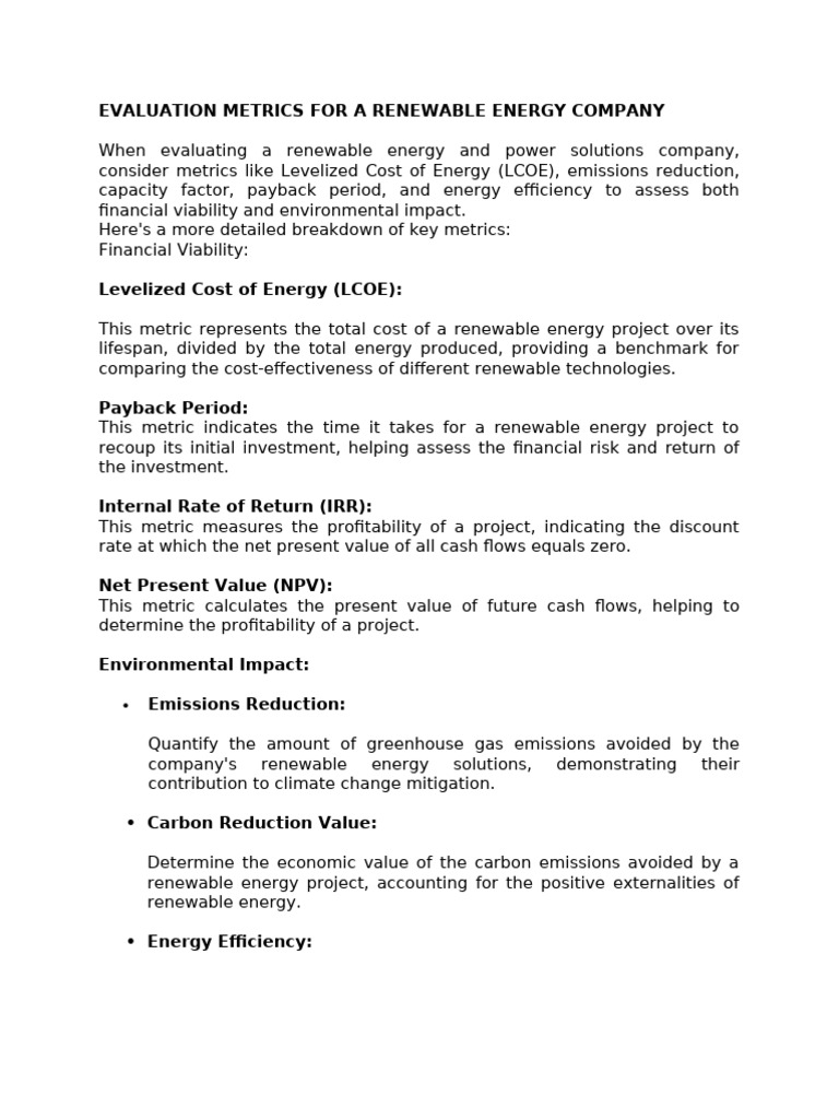 Evaluation Metrics For A Renewable Energy Company | PDF | Net Present ...