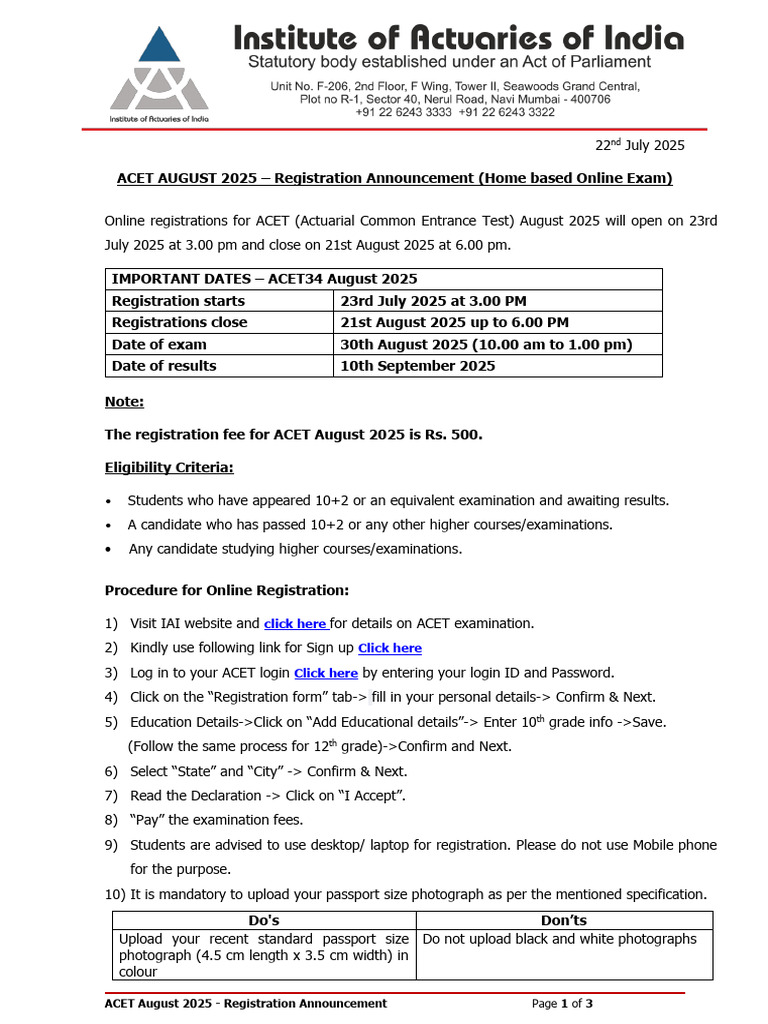 ACET August 2025 Registration Details | PDF