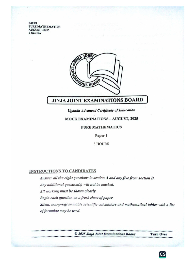 Jjeb Pure Maths 2025 | PDF