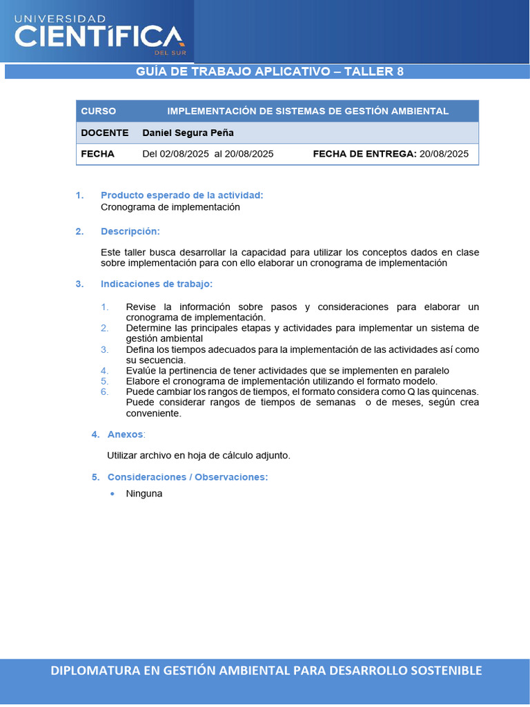 Taller 8 Cronograma de Implementacion Guía | PDF