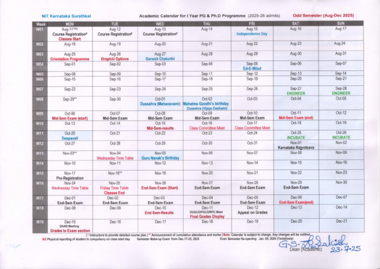 ODD Sem Academic Calendar For 2025-26 - First Year PG PH.D PR | PDF