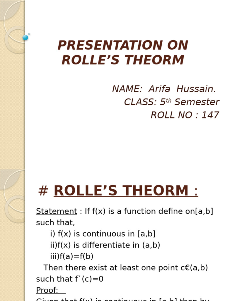 Rolle's Theorem Explained by Arifa Hussain | PDF
